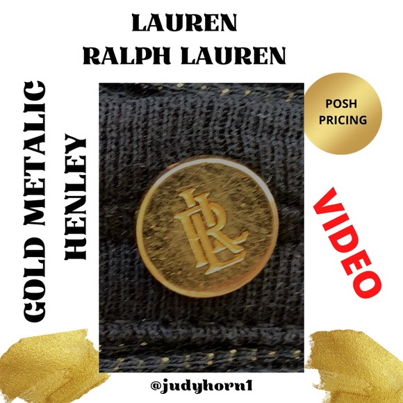 LAUREN RALPH LAUREN Coal Black and Gold Metallic Henley Sweater - Picture 6 of 7